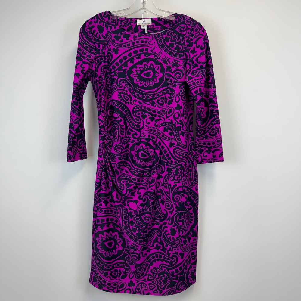 Jude Connally Dress Womens S Magenta Navy Paisley 3/4 Sleeve Ruched Sheath 171